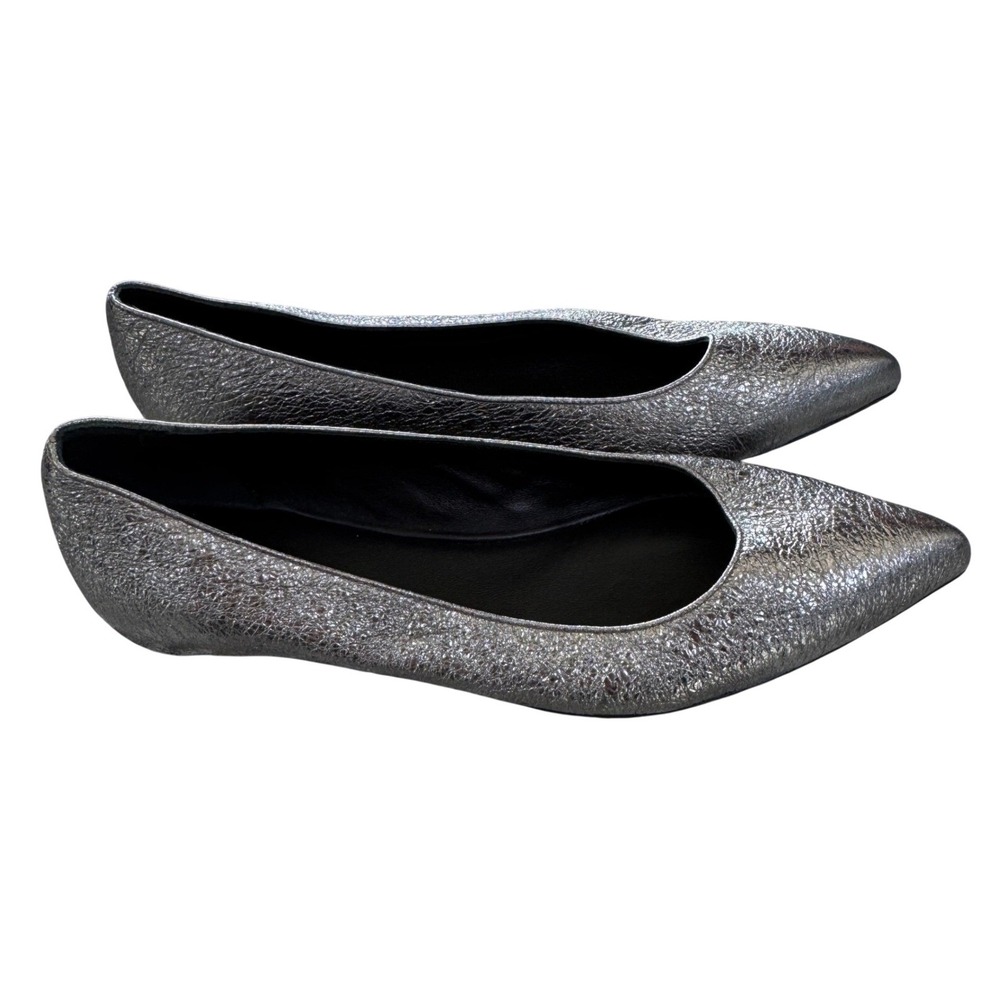 M.Gemi Esatto Pointed Toe Flats 37.5 Gunmetal Metallic Crinkled Leather Elegant